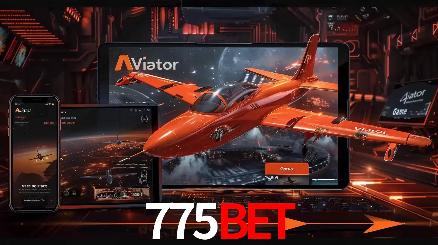 Apresentação tecnológica do jogo Aviator com um avião saindo da tela de um tablet, demonstrando a experiência imersiva em múltiplos dispositivos no 775bet.