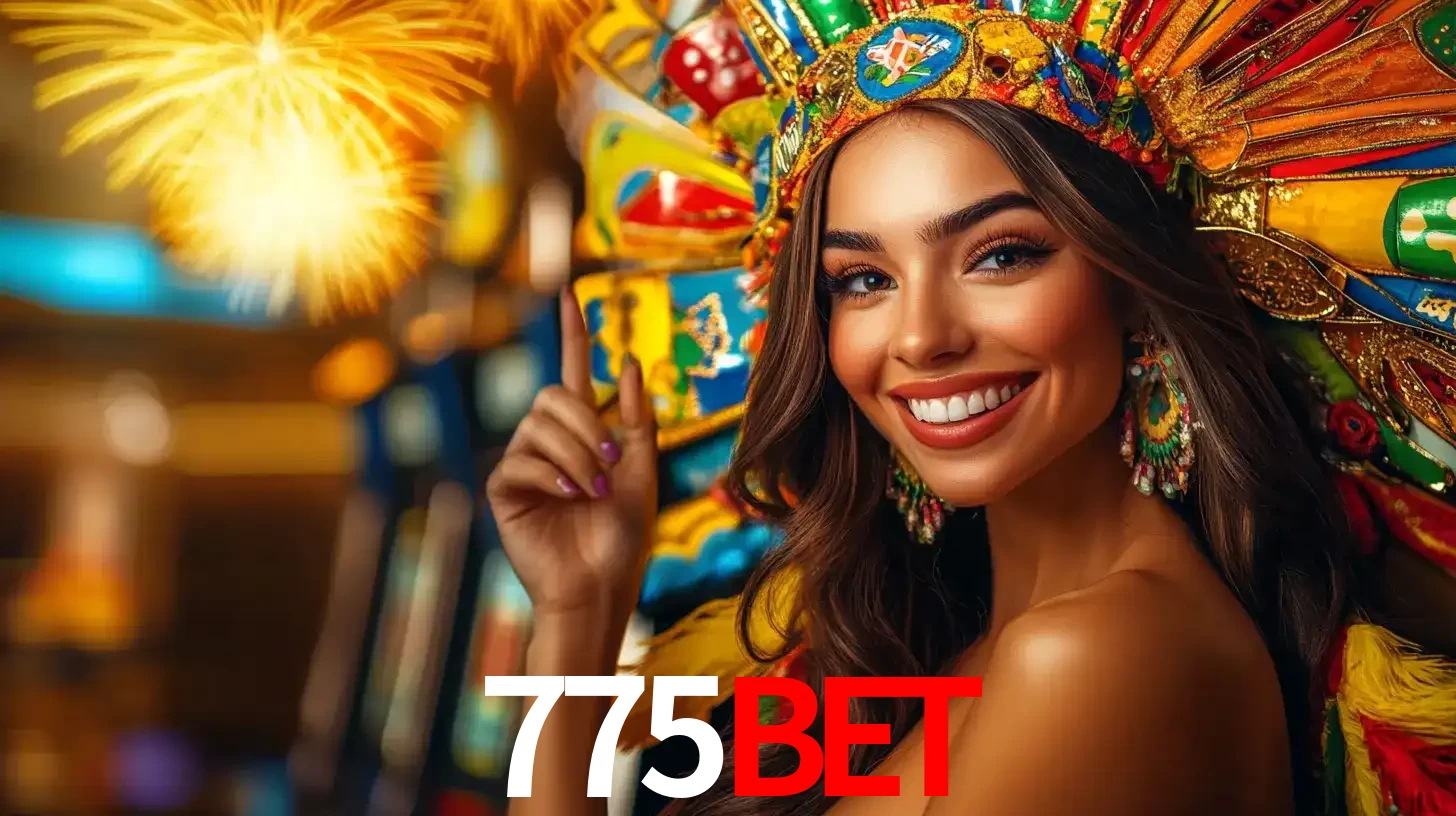 Mulher sorridente com um cocar de carnaval vibrante e colorido, celebrando uma grande vitória nos jogos do cassino 775bet com fogos de artifício ao fundo.