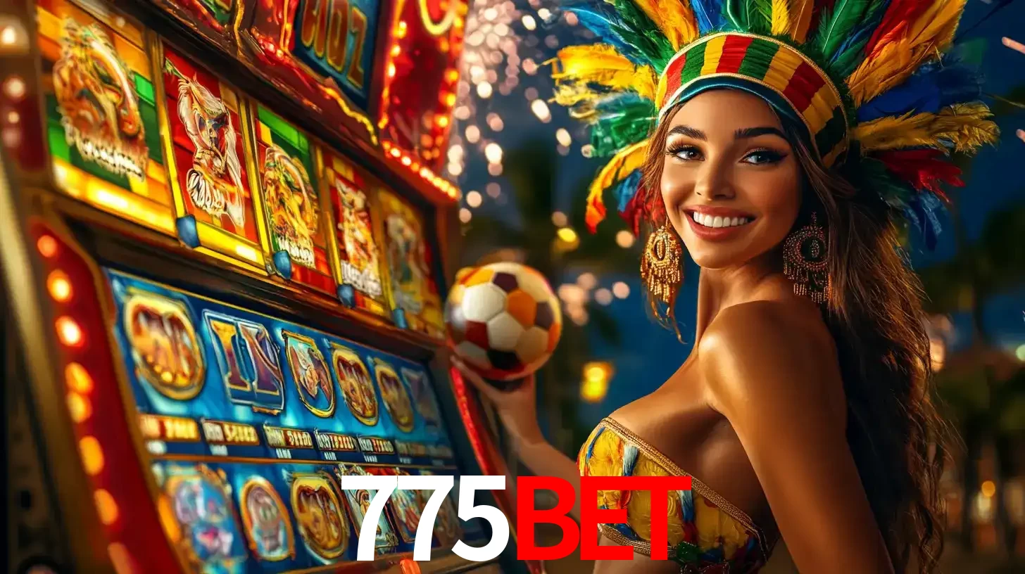 Mulher com um cocar de carnaval ao lado de uma máquina de caça-níqueis enquanto segura uma bola de futebol, mostrando a união da diversão de cassino e esportes no 775bet.