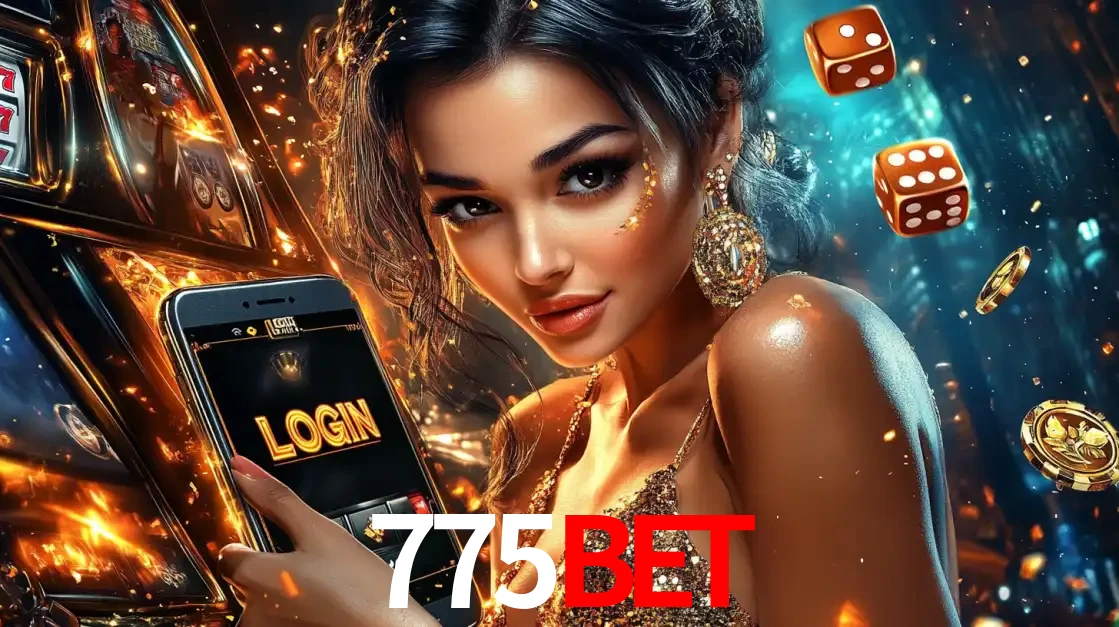 Mulher glamourosa segurando um celular com a tela de login do cassino 775bet, rodeada por dados e moedas douradas, pronta para começar a diversão.