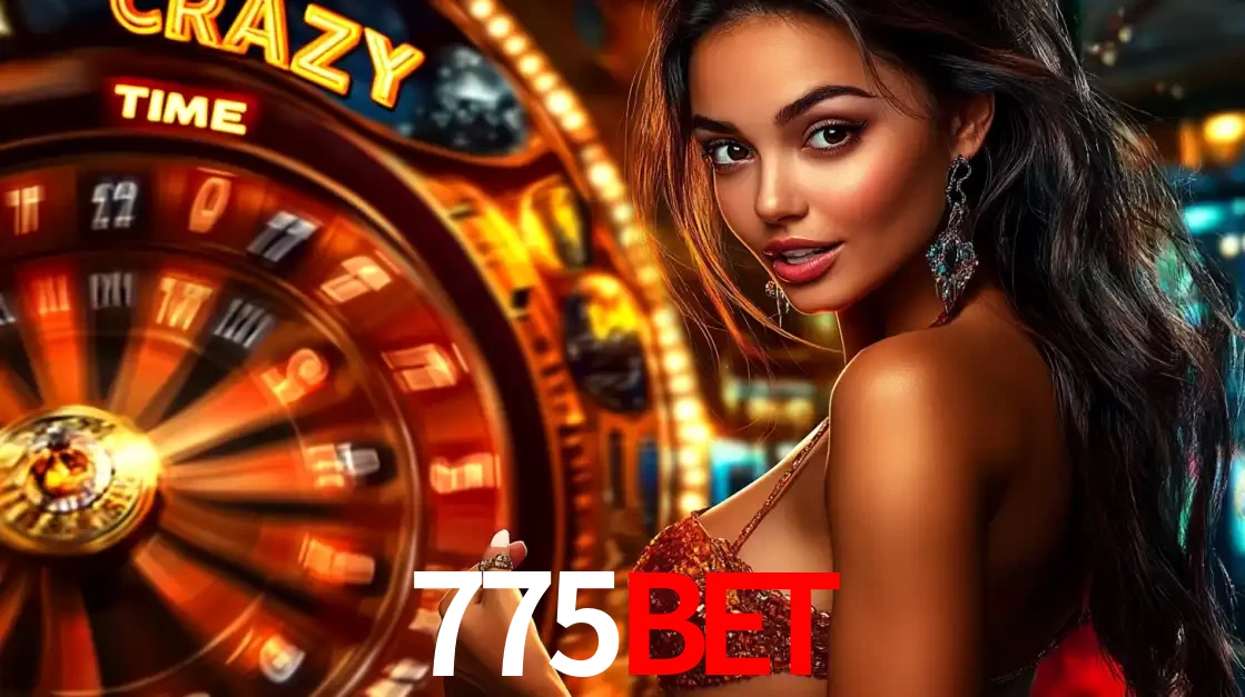 Mulher ao lado da roda de prêmios do jogo de cassino ao vivo Crazy Time, um dos shows de jogos mais emocionantes oferecidos pela plataforma de apostas 775bet.