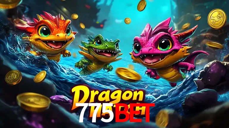 Arte promocional do jogo Dragon Hatch com três adoráveis dragões bebês nadando entre moedas de ouro, um dos slots mais divertidos para jogar no cassino 775bet.