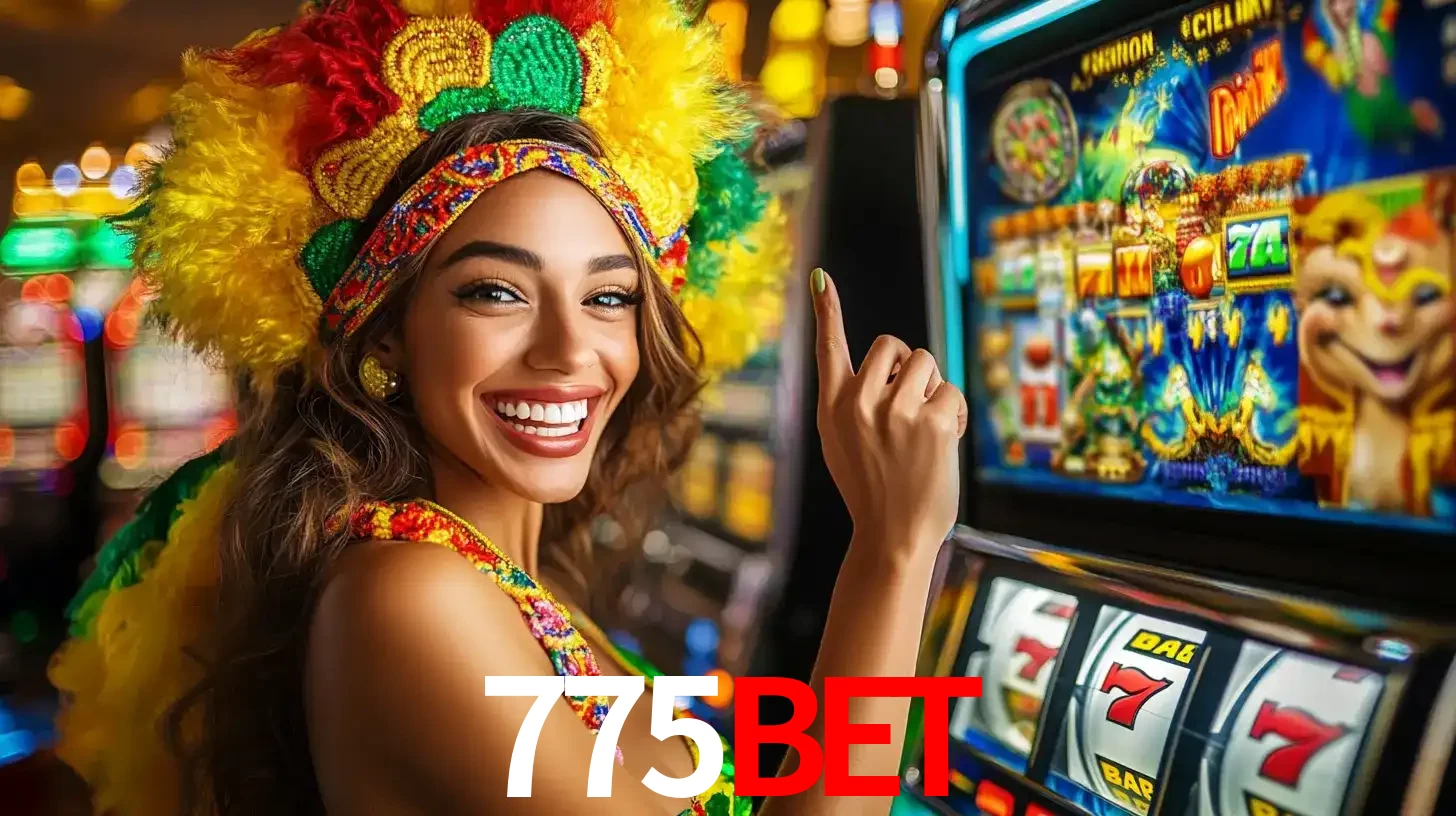 Mulher animada com um cocar de carnaval apontando para uma máquina de caça-níqueis, mostrando a emoção de ganhar um grande prêmio nos jogos do 775bet.