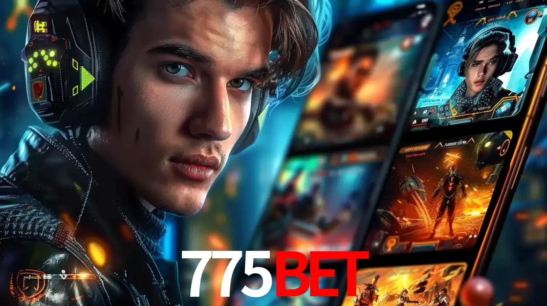 Jovem jogador com fones de ouvido olhando para a câmera, com um aplicativo de jogos e e-sports para celular ao fundo, pronto para a competição e apostas no 775bet.