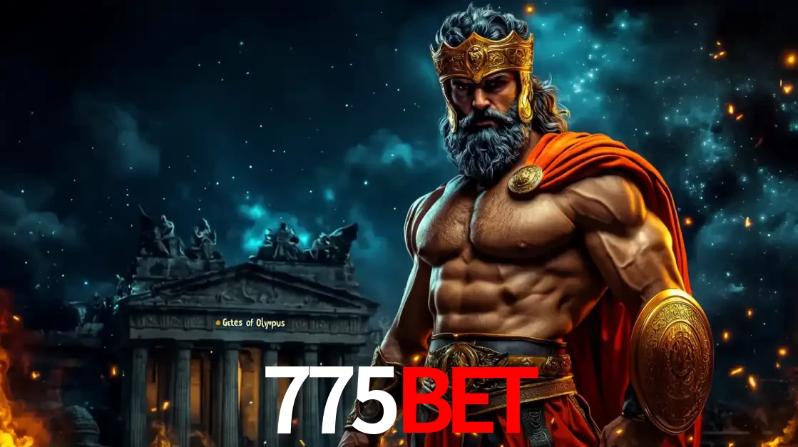 O poderoso Zeus do jogo de slot Gates of Olympus em frente ao seu templo, pronto para lançar multiplicadores divinos e prêmios épicos no cassino online 775bet.