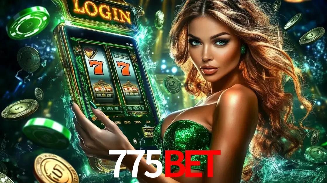 Mulher com tema verde apresentando o aplicativo do cassino 775bet com um jogo de slot de 777, cercada por fichas de cassino e uma aura de sorte.