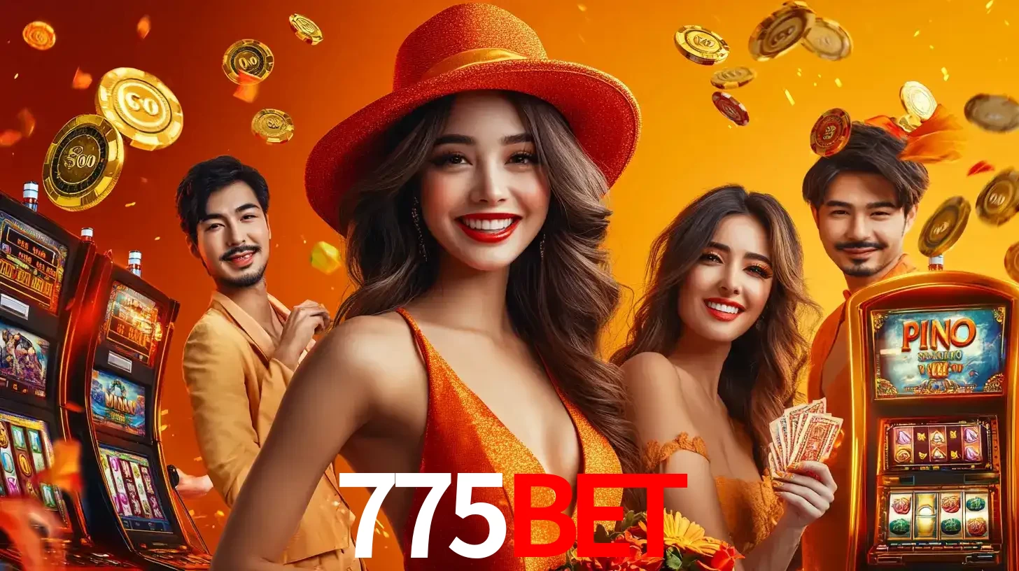 Grupo de amigos asiáticos sorrindo e se divertindo com máquinas de caça-níqueis em um ambiente festivo, celebrando suas vitórias nos jogos de cassino do 775bet.