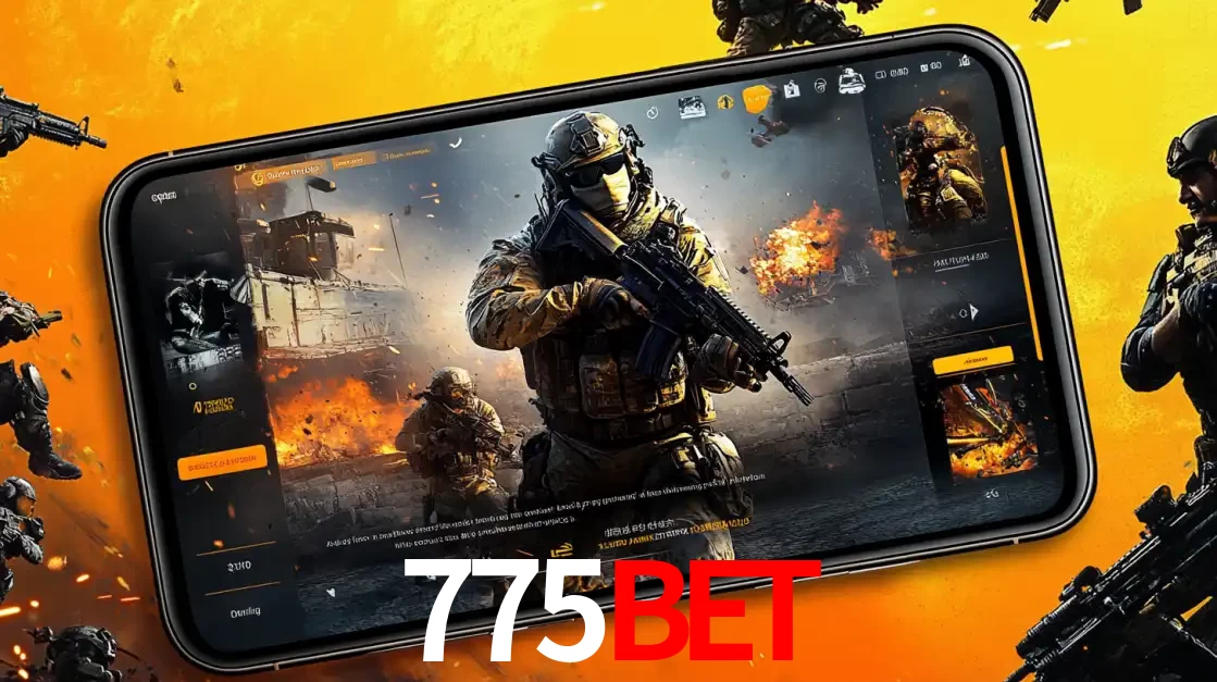 Um smartphone exibindo a interface de um jogo de tiro em primeira pessoa, com um soldado em um cenário de batalha, representando a ação dos e-sports para apostar no 775bet.