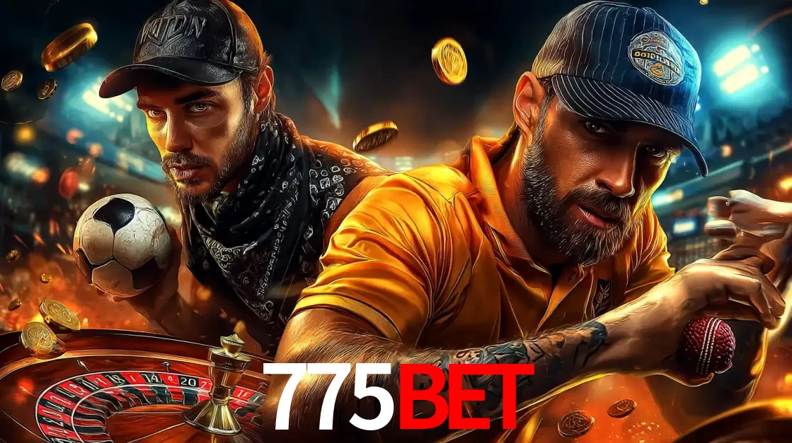 Montagem de apostas esportivas e cassino no 775bet, com um homem segurando uma bola de futebol e outro uma de beisebol sobre uma roleta e moedas voadoras.