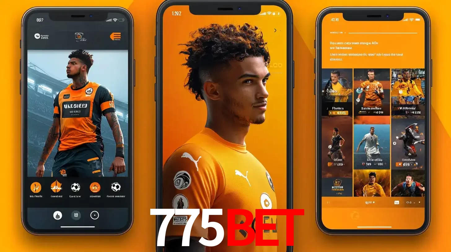 Interface do aplicativo de apostas esportivas 775bet em três telas de celular, mostrando o perfil de um jogador de futebol e a lista de jogos disponíveis para apostar.