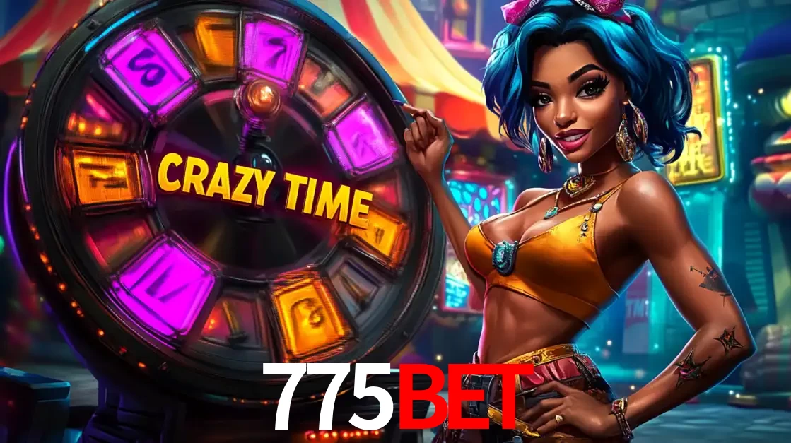 Mulher estilizada com cabelo azul e visual vibrante posando ao lado da roda de prêmios do game show Crazy Time, convidando para a diversão e os bônus do cassino 775bet.