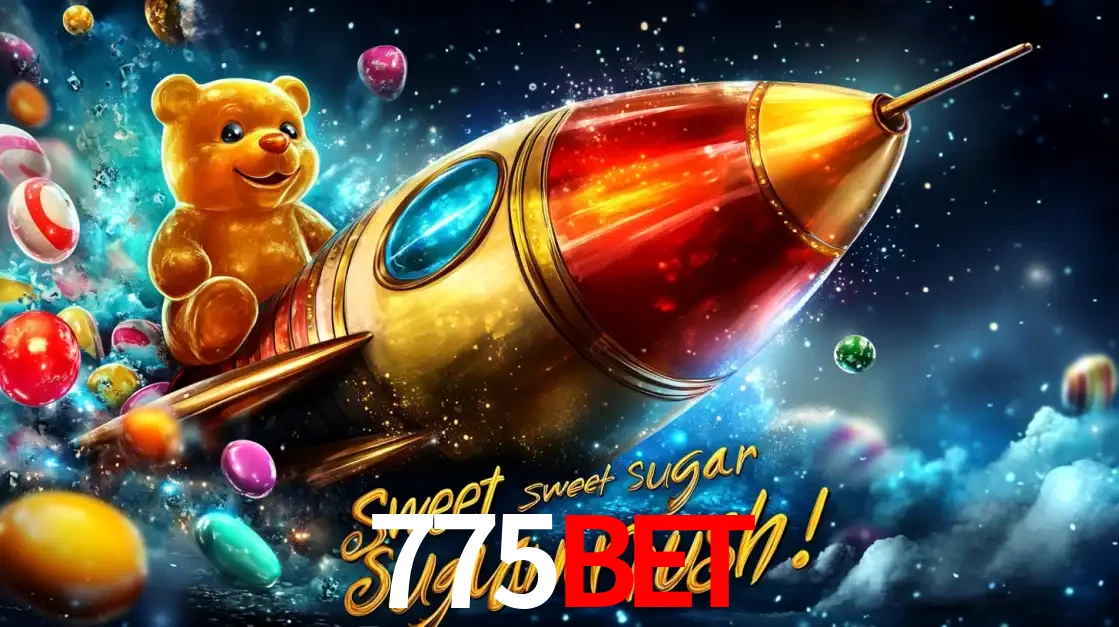 Arte promocional do jogo de slot Sugar Rush, com um urso de pelúcia em um foguete viajando pelo espaço de doces, um dos jogos divertidos disponíveis no cassino 775bet.