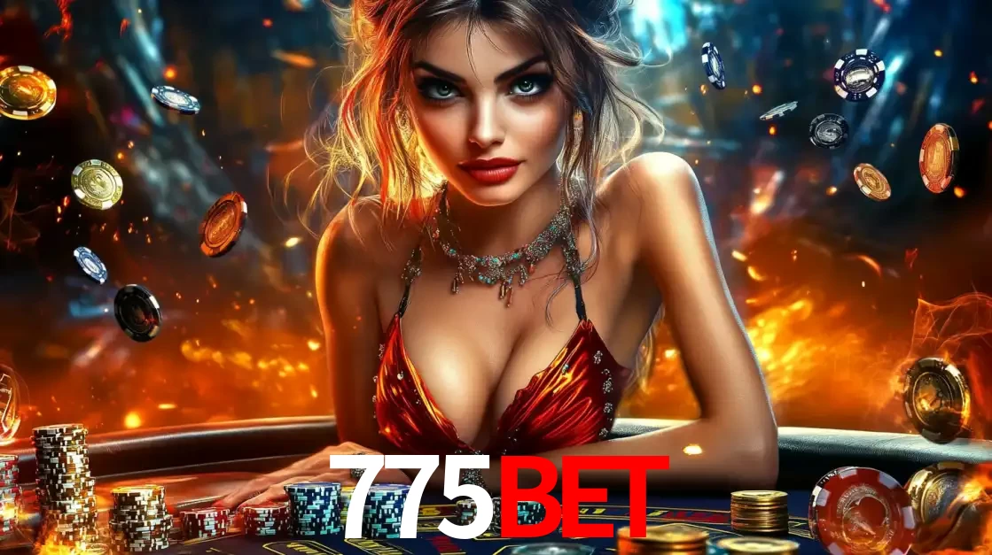 Mulher em uma mesa de cassino com pilhas de fichas e um fundo de fogo, pronta para uma rodada de altas apostas nos jogos de mesa emocionantes do cassino 775bet.
