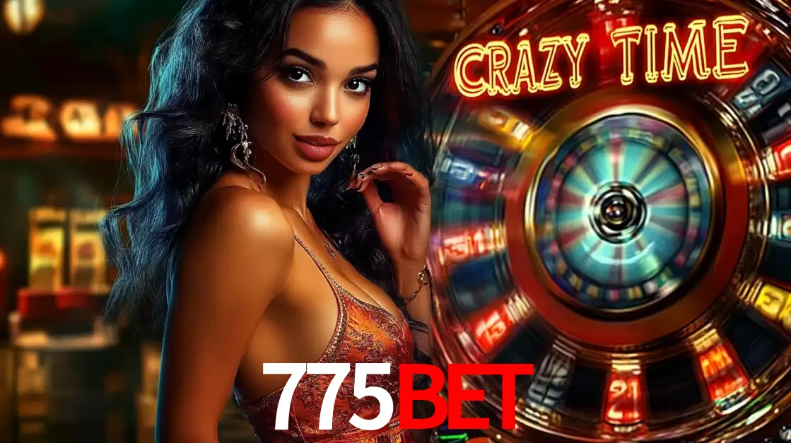 Mulher elegante ao lado da vibrante roda da fortuna do jogo de cassino ao vivo Crazy Time, um dos game shows mais populares e cheios de prêmios do 775bet.