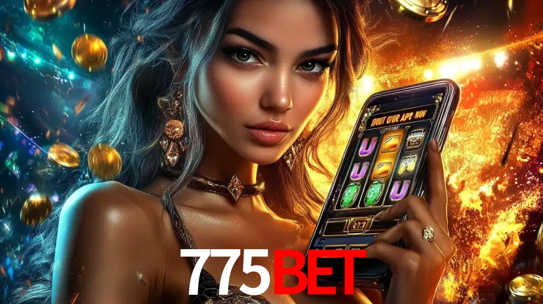 Mulher elegante mostrando um jogo de caça-níqueis em seu smartphone, destacando a experiência de cassino móvel oferecida pelo aplicativo 775bet.