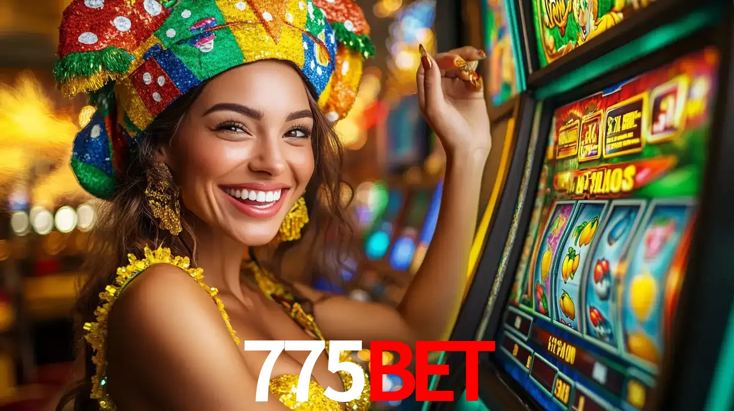 Mulher feliz com traje de carnaval amarelo e colorido ao lado de uma máquina de caça-níqueis, aproveitando a diversão e os jogos temáticos do cassino 775bet.