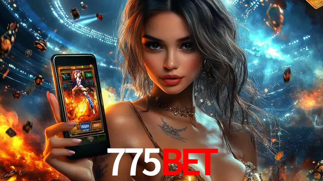 Mulher segurando um celular com um jogo de slot em destaque, tendo como fundo um estádio vibrante, simbolizando a emoção de jogar no cassino móvel 775bet.