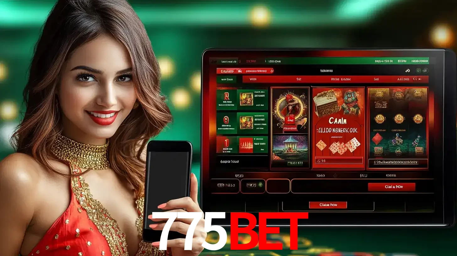 Mulher sorridente segurando um smartphone, ao lado de uma tela exibindo o lobby de jogos do cassino online 775bet, com várias opções de jogos de cartas e slots.
